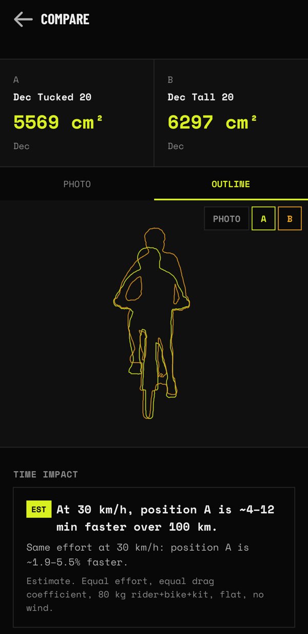 The compare screen: two positions with their frontal areas, overlaid outlines, and an estimated time impact.