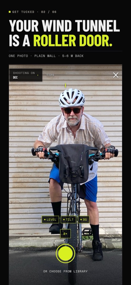 App Store screenshot: Your wind tunnel is a roller door. The live camera frames a rider in front of a roller door.