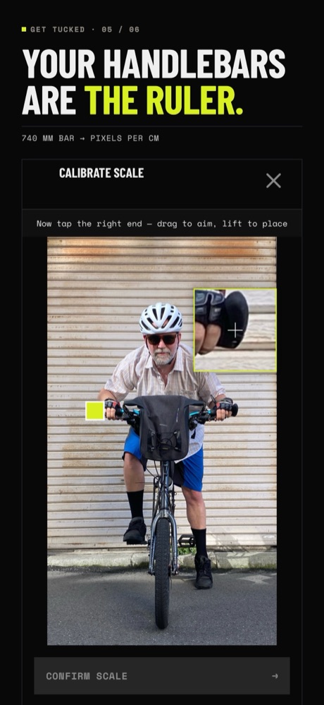App Store screenshot: Your handlebars are the ruler. The scale screen with a loupe on the bar end.